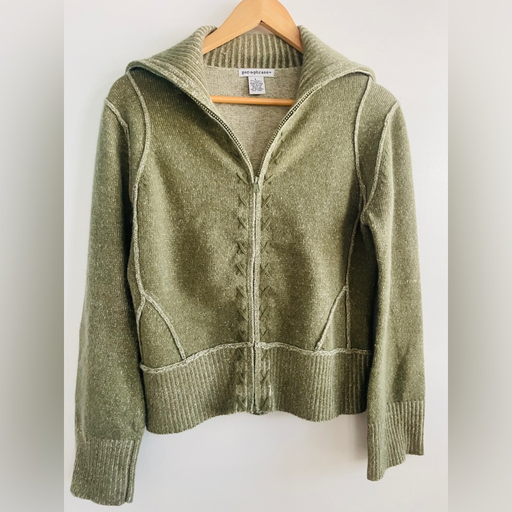 Paraphrase Lambswool Angora Zip Cardigan Sweater Marled Green Warm Sz Large
